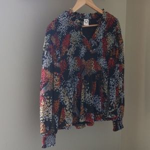 Anthropologie Black Floral Peplum Blouse with Red, Yellow & White Accents